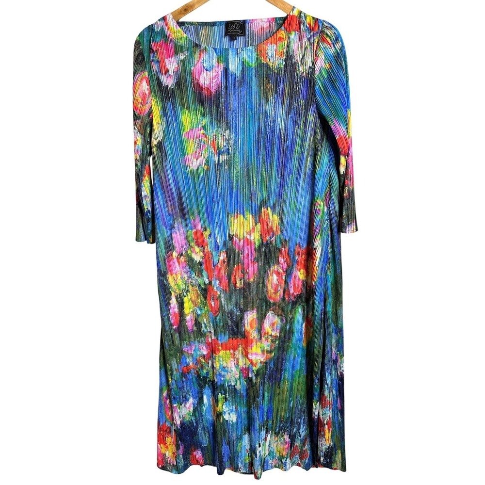 Vtg UBU Garden Floral Midi Dress Blue Abstract Pleats Plisse Please Small